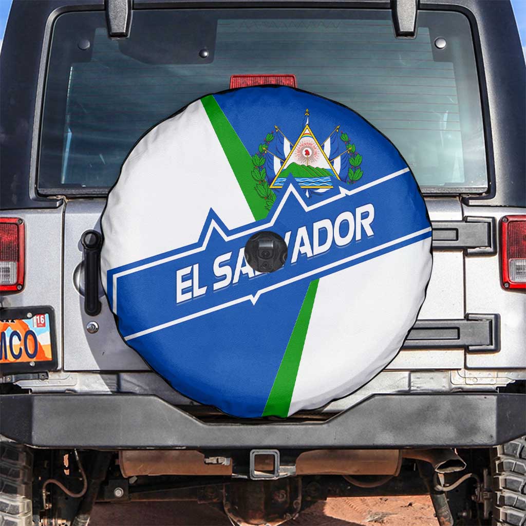 El Salvador Flag Crest Spare Tire Cover with Blue Green Stripes and Bold Letter Design - Wonder Print Shop