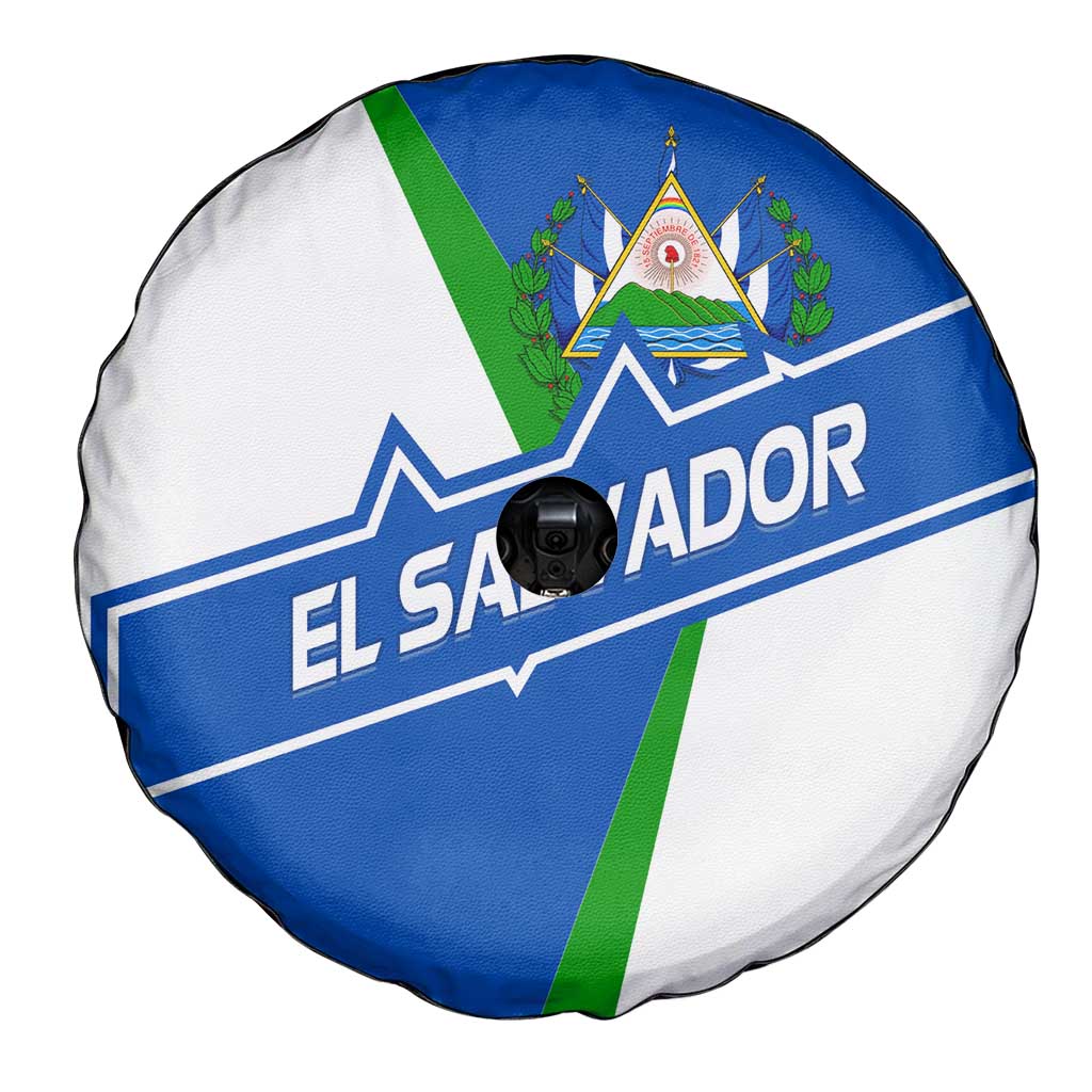 El Salvador Flag Crest Spare Tire Cover with Blue Green Stripes and Bold Letter Design - Wonder Print Shop