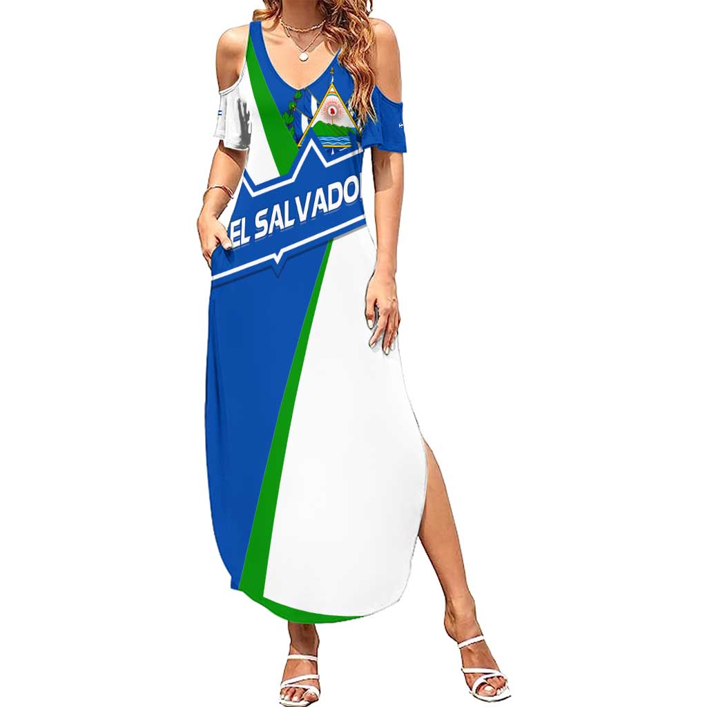 El Salvador Flag Crest Summer Maxi Dress with Blue Green Stripes and Bold Letter Design - Wonder Print Shop