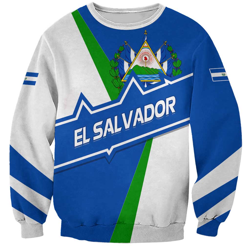 El Salvador Flag Crest Sweatshirt with Blue Green Stripes and Bold Letter Design - Wonder Print Shop