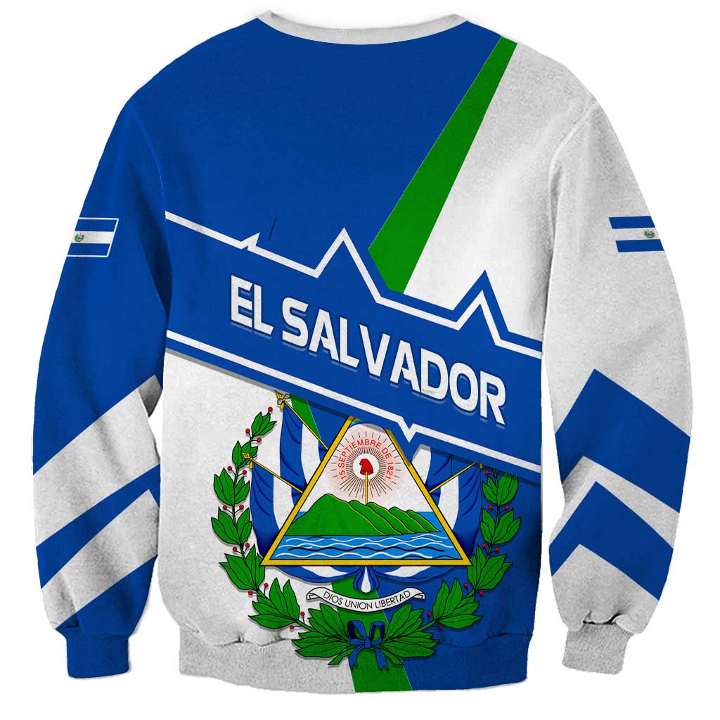 El Salvador Flag Crest Sweatshirt with Blue Green Stripes and Bold Letter Design - Wonder Print Shop