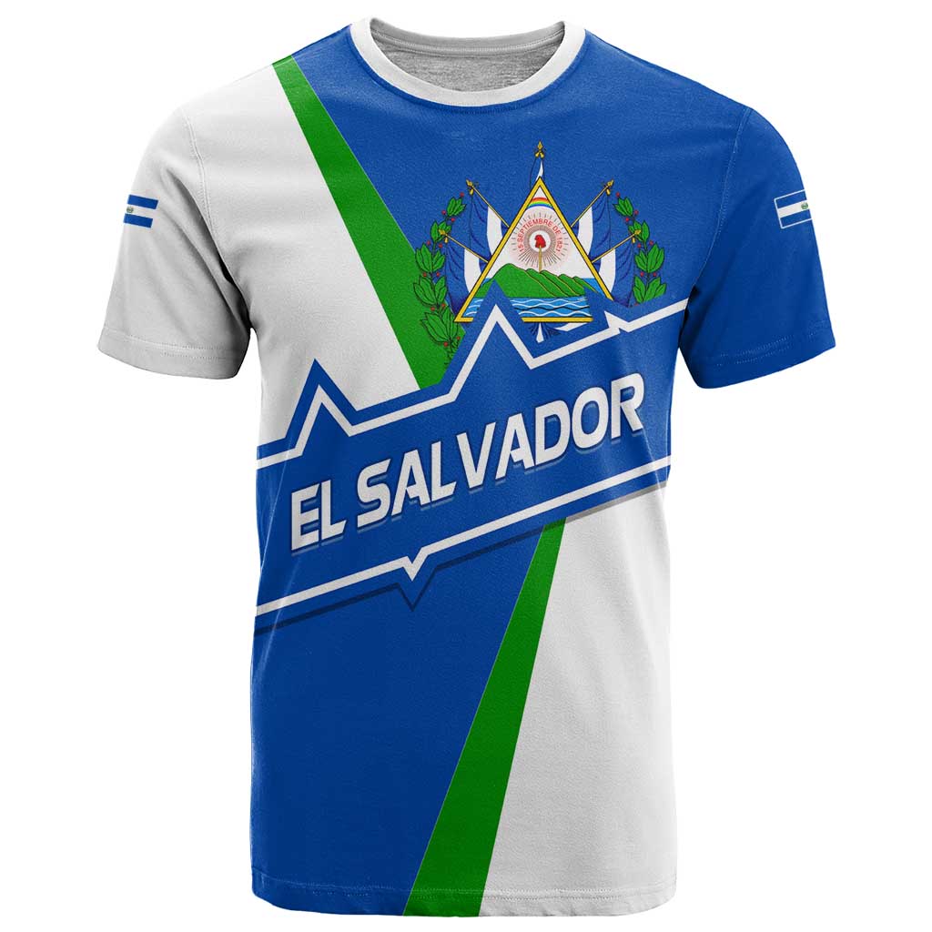 El Salvador Flag Crest T Shirt with Blue Green Stripes and Bold Letter Design - Wonder Print Shop