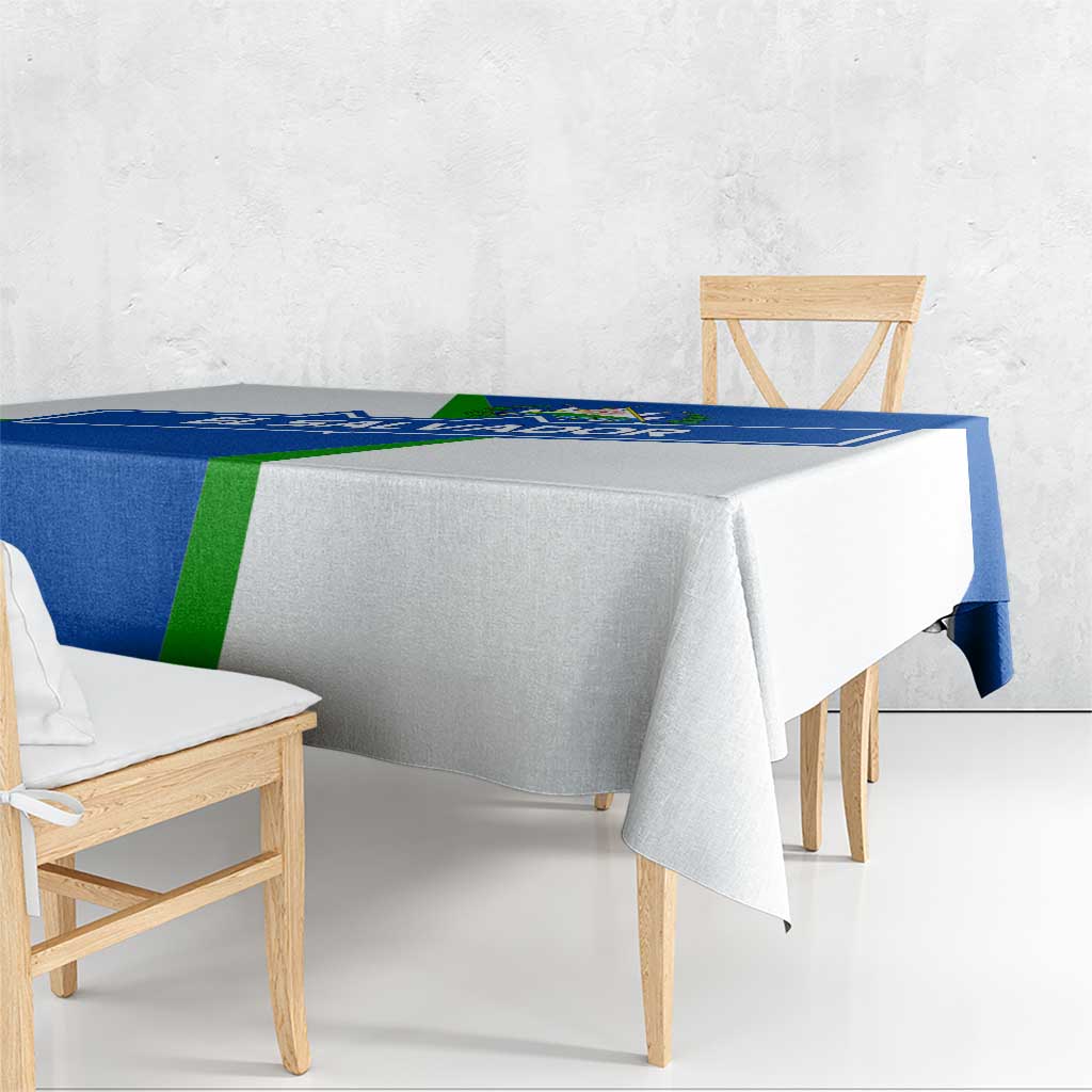 El Salvador Flag Crest Tablecloth with Blue Green Stripes and Bold Letter Design - Wonder Print Shop