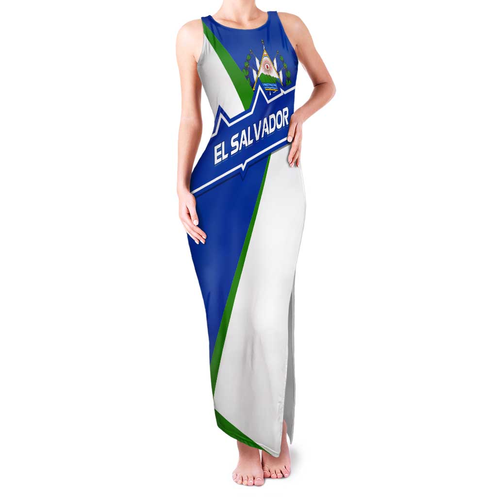 El Salvador Flag Crest Tank Maxi Dress with Blue Green Stripes and Bold Letter Design - Wonder Print Shop