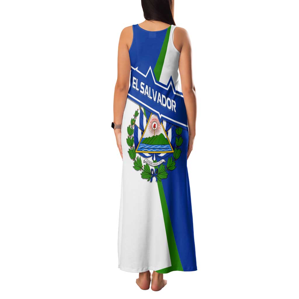 El Salvador Flag Crest Tank Maxi Dress with Blue Green Stripes and Bold Letter Design - Wonder Print Shop