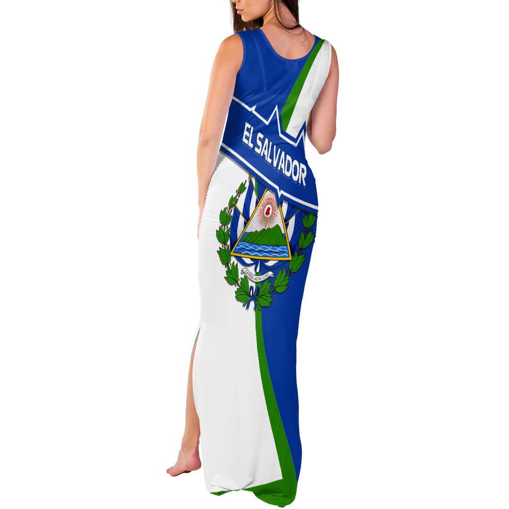 El Salvador Flag Crest Tank Maxi Dress with Blue Green Stripes and Bold Letter Design - Wonder Print Shop