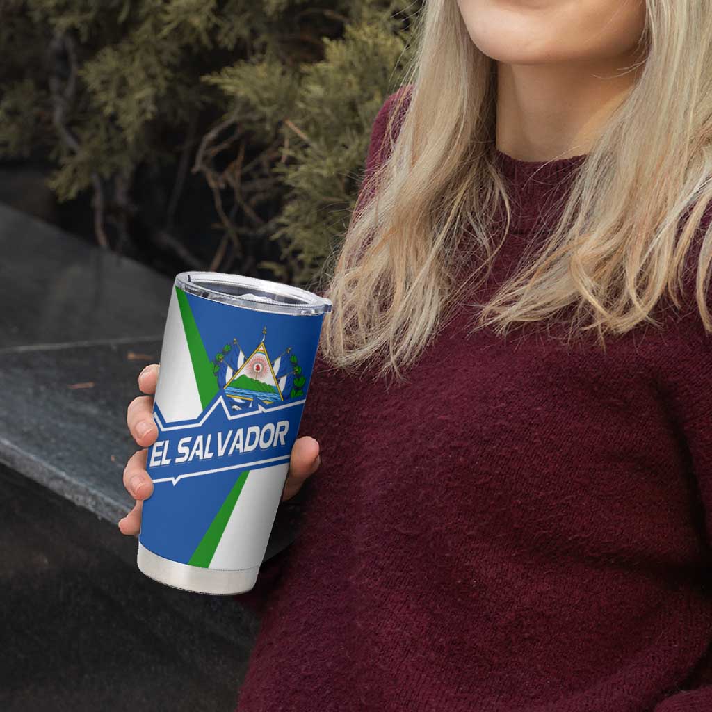 El Salvador Flag Crest Tumbler Cup with Blue Green Stripes and Bold Letter Design - Wonder Print Shop