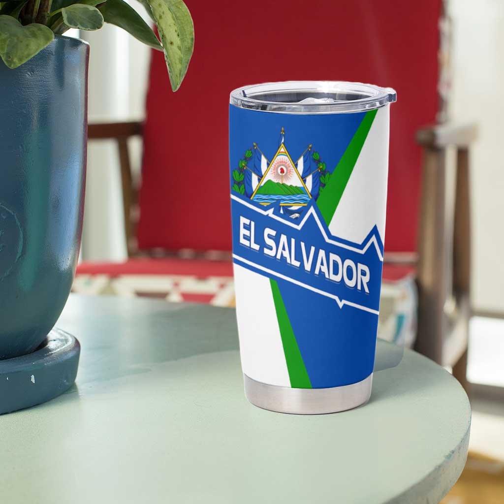 El Salvador Flag Crest Tumbler Cup with Blue Green Stripes and Bold Letter Design - Wonder Print Shop