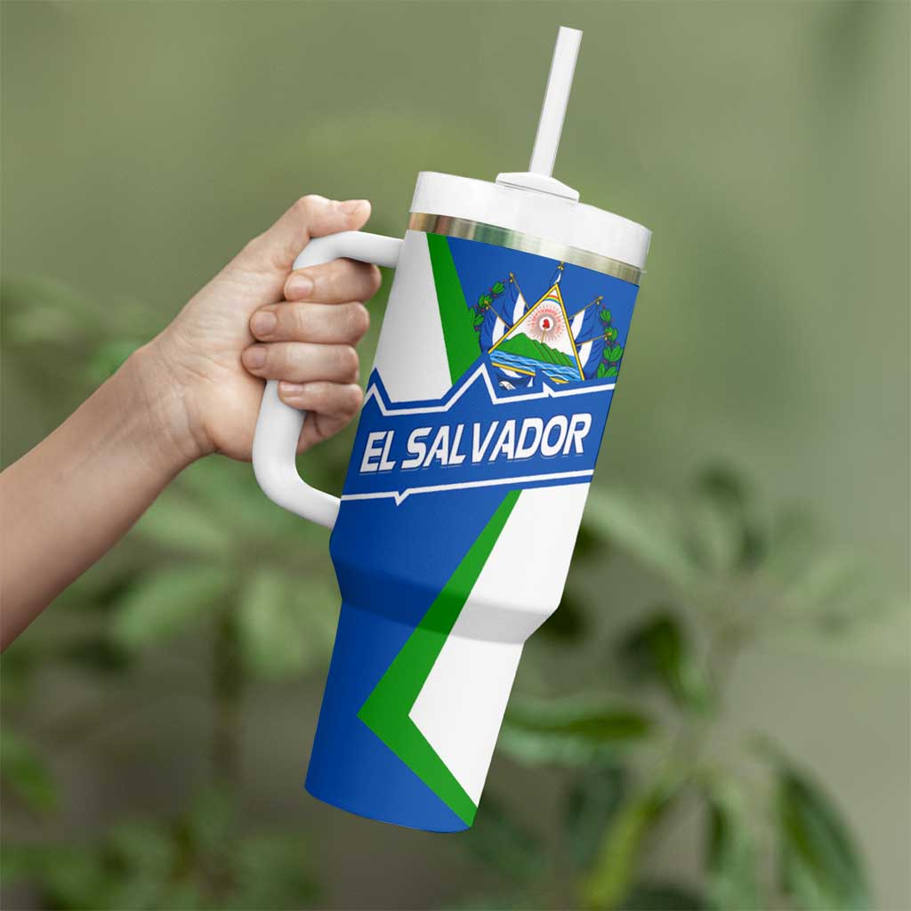 El Salvador Flag Crest Tumbler With Handle with Blue Green Stripes and Bold Letter Design - Wonder Print Shop
