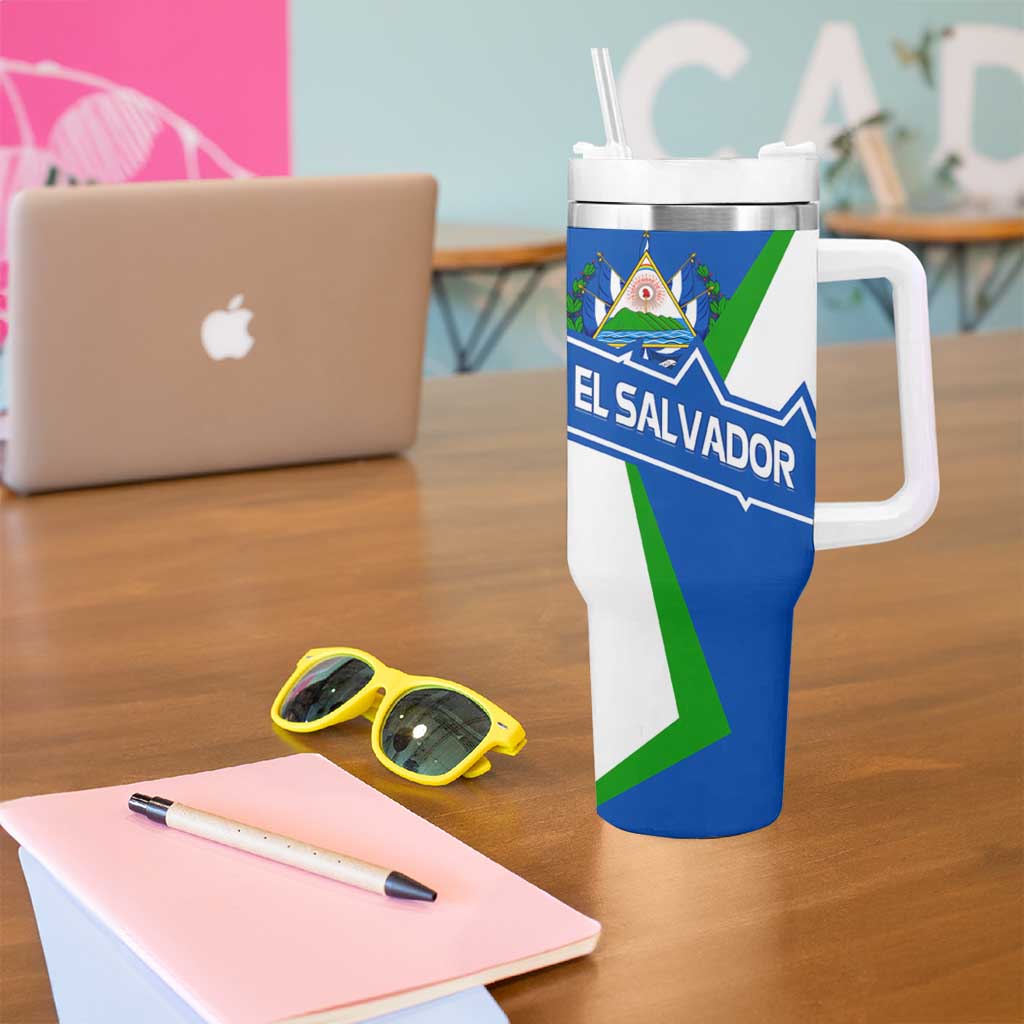 El Salvador Flag Crest Tumbler With Handle with Blue Green Stripes and Bold Letter Design - Wonder Print Shop
