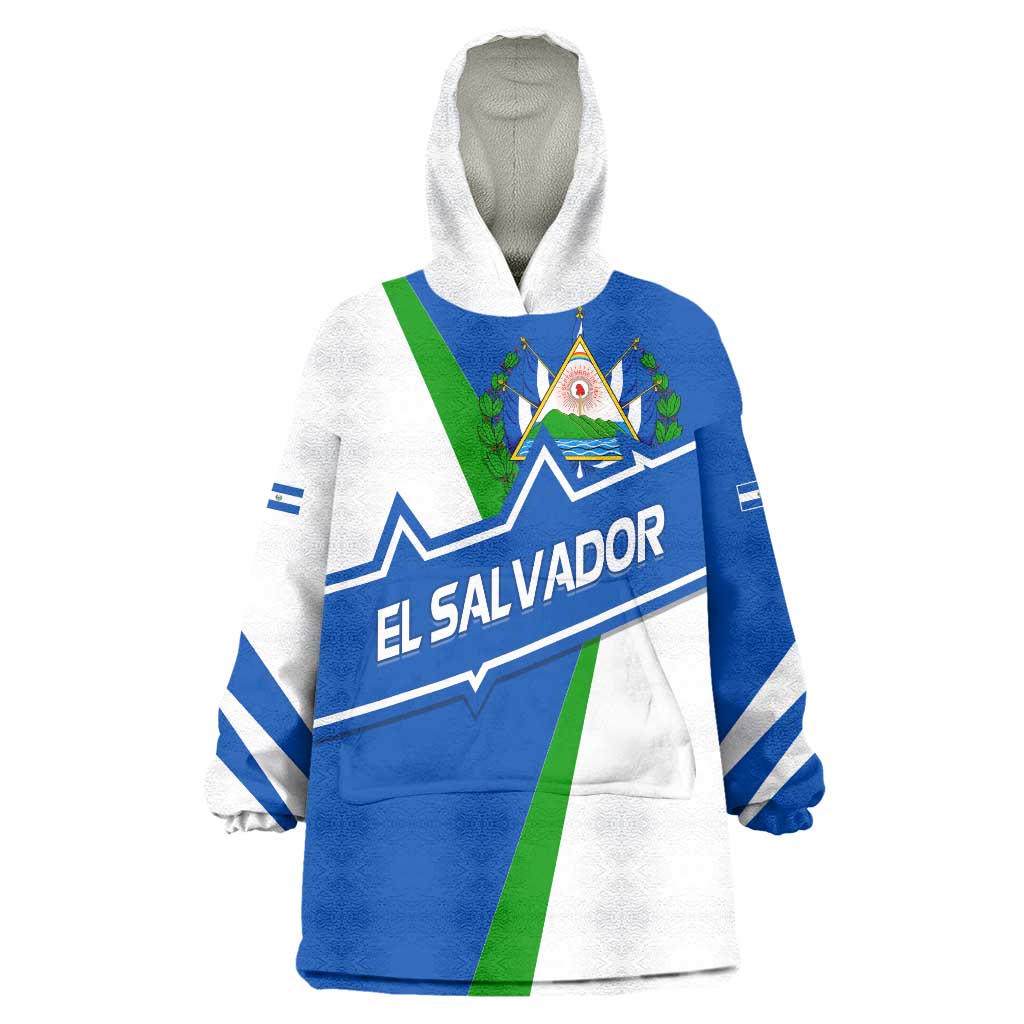 El Salvador Flag Crest Wearable Blanket Hoodie with Blue Green Stripes and Bold Letter Design - Wonder Print Shop