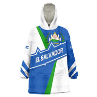 El Salvador Flag Crest Wearable Blanket Hoodie with Blue Green Stripes and Bold Letter Design - Wonder Print Shop