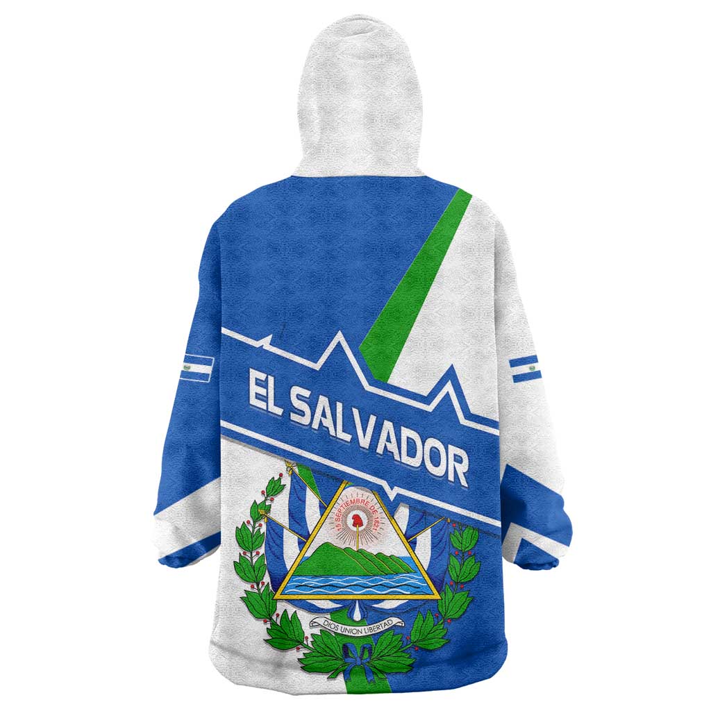 El Salvador Flag Crest Wearable Blanket Hoodie with Blue Green Stripes and Bold Letter Design - Wonder Print Shop