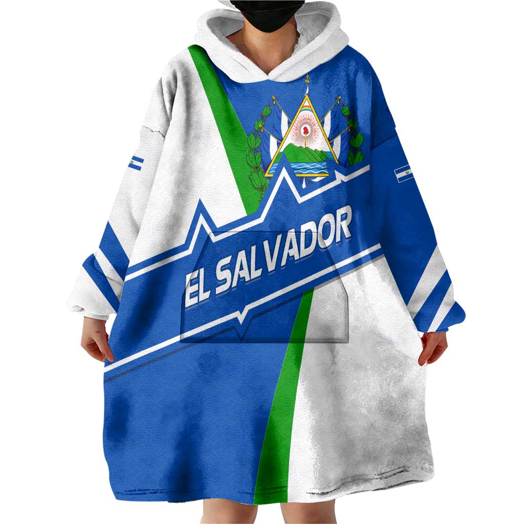 El Salvador Flag Crest Wearable Blanket Hoodie with Blue Green Stripes and Bold Letter Design - Wonder Print Shop