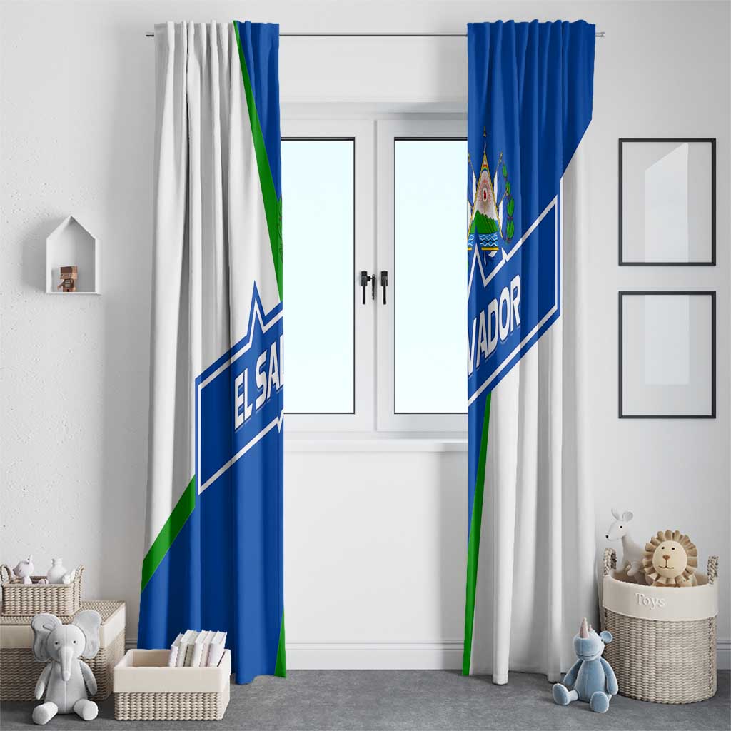 El Salvador Flag Crest Window Curtain with Blue Green Stripes and Bold Letter Design - Wonder Print Shop