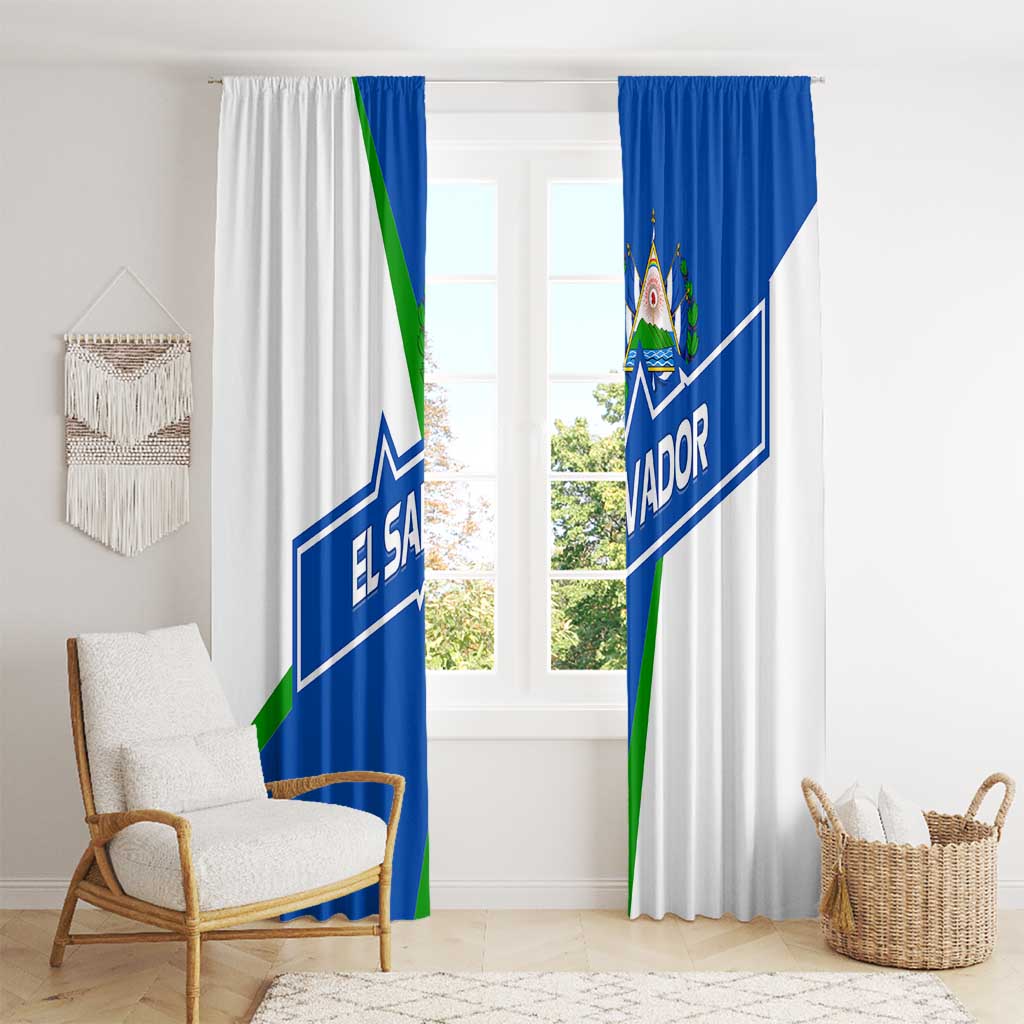 El Salvador Flag Crest Window Curtain with Blue Green Stripes and Bold Letter Design - Wonder Print Shop