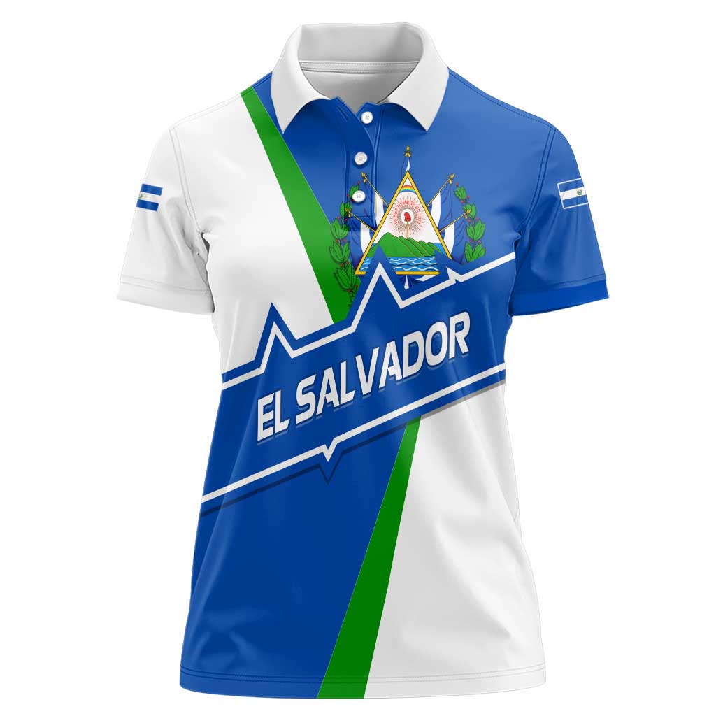 El Salvador Flag Crest Women Polo Shirt with Blue Green Stripes and Bold Letter Design - Wonder Print Shop