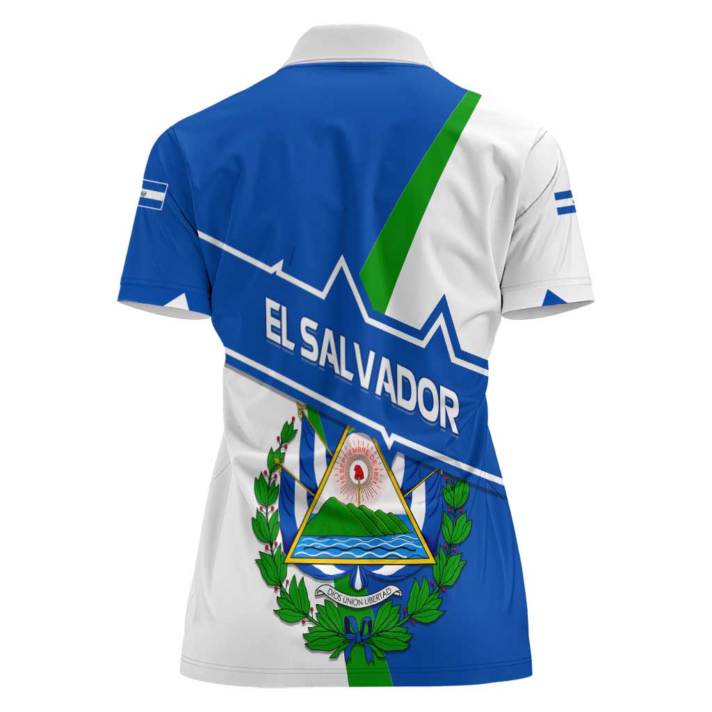 El Salvador Flag Crest Women Polo Shirt with Blue Green Stripes and Bold Letter Design - Wonder Print Shop