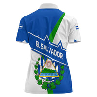 El Salvador Flag Crest Women Polo Shirt with Blue Green Stripes and Bold Letter Design - Wonder Print Shop
