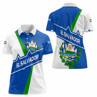 El Salvador Flag Crest Women Polo Shirt with Blue Green Stripes and Bold Letter Design - Wonder Print Shop