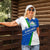El Salvador Flag Crest Women Polo Shirt with Blue Green Stripes and Bold Letter Design - Wonder Print Shop