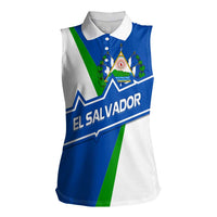 El Salvador Flag Crest Women Sleeveless Polo Shirt with Blue Green Stripes and Bold Letter Design - Wonder Print Shop