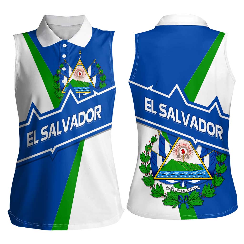 El Salvador Flag Crest Women Sleeveless Polo Shirt with Blue Green Stripes and Bold Letter Design - Wonder Print Shop