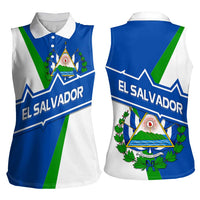 El Salvador Flag Crest Women Sleeveless Polo Shirt with Blue Green Stripes and Bold Letter Design - Wonder Print Shop