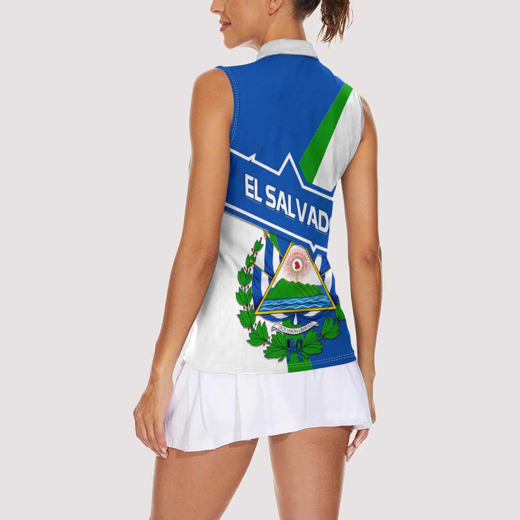 El Salvador Flag Crest Women Sleeveless Polo Shirt with Blue Green Stripes and Bold Letter Design - Wonder Print Shop