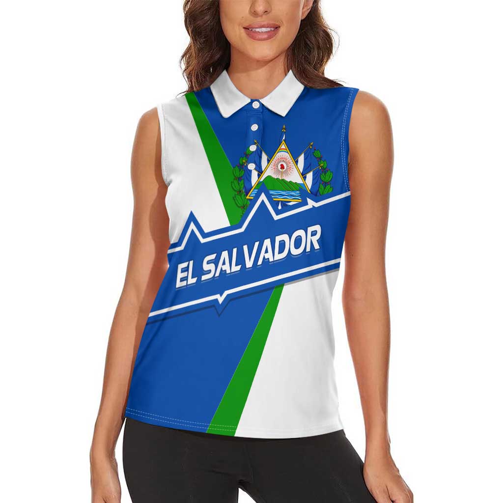 El Salvador Flag Crest Women Sleeveless Polo Shirt with Blue Green Stripes and Bold Letter Design - Wonder Print Shop