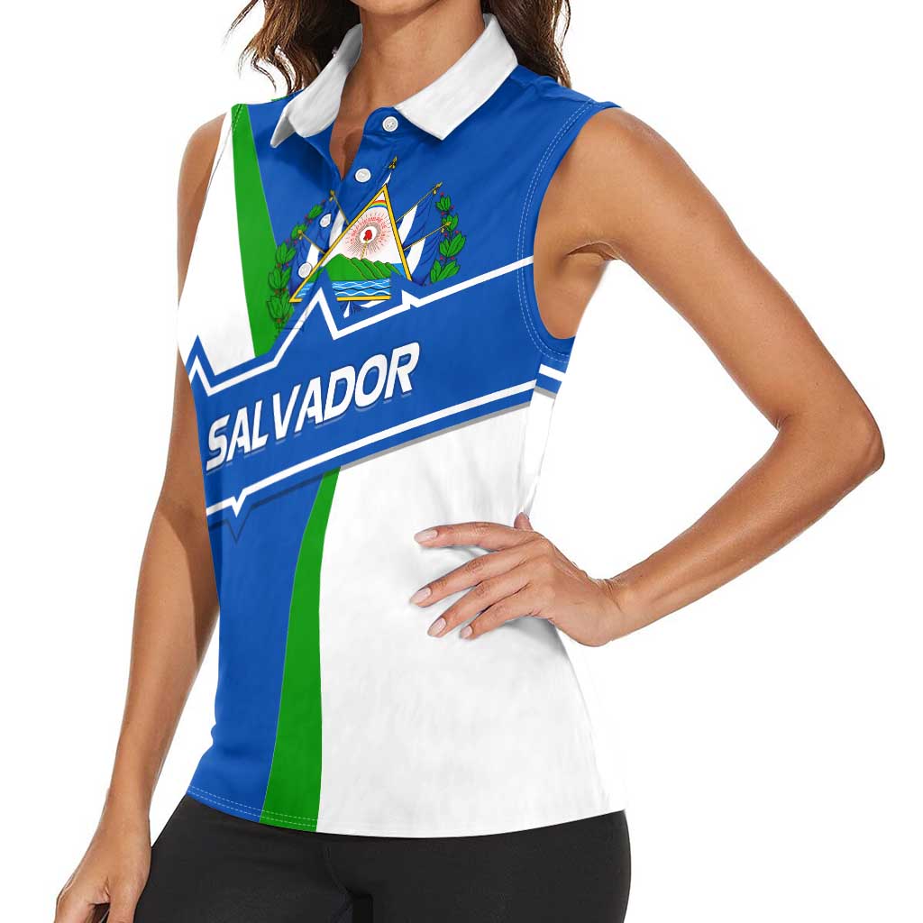 El Salvador Flag Crest Women Sleeveless Polo Shirt with Blue Green Stripes and Bold Letter Design - Wonder Print Shop