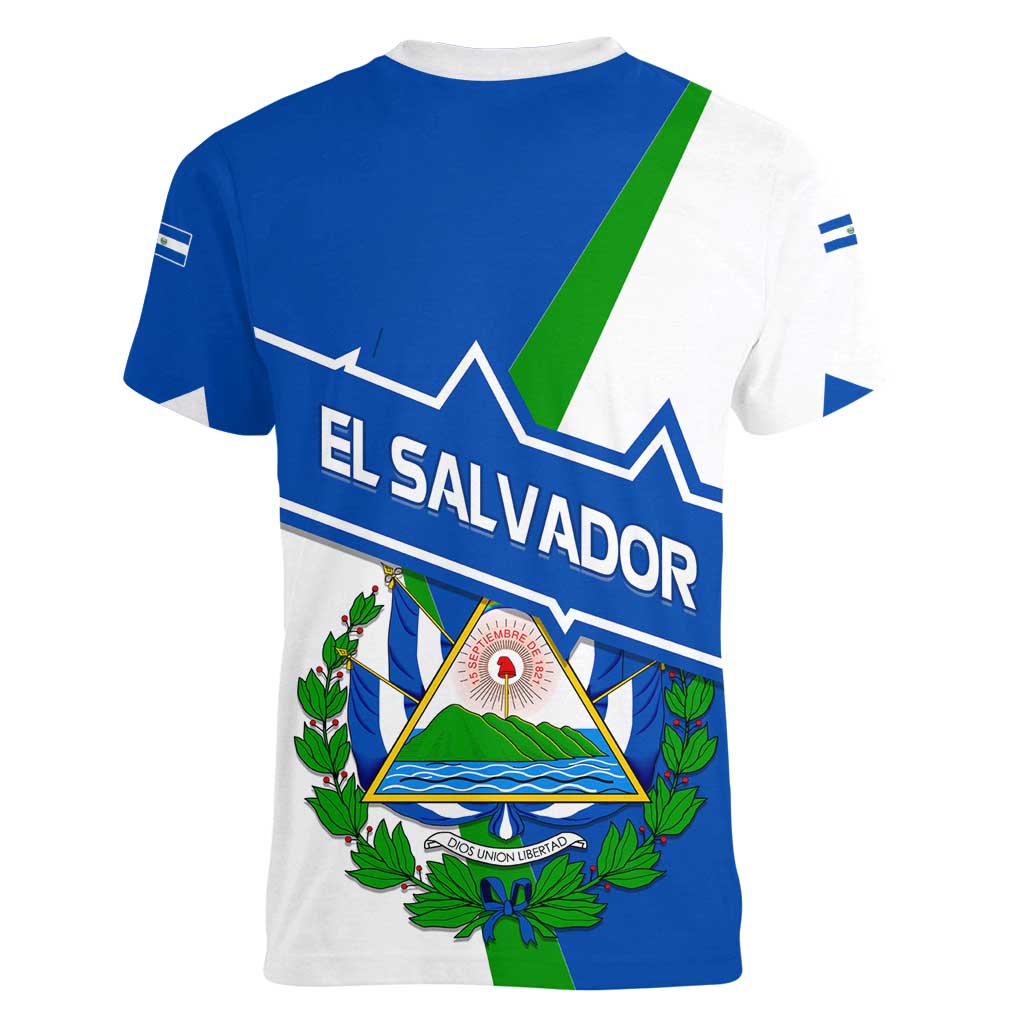 El Salvador Flag Crest Women V-Neck T-Shirt with Blue Green Stripes and Bold Letter Design - Wonder Print Shop