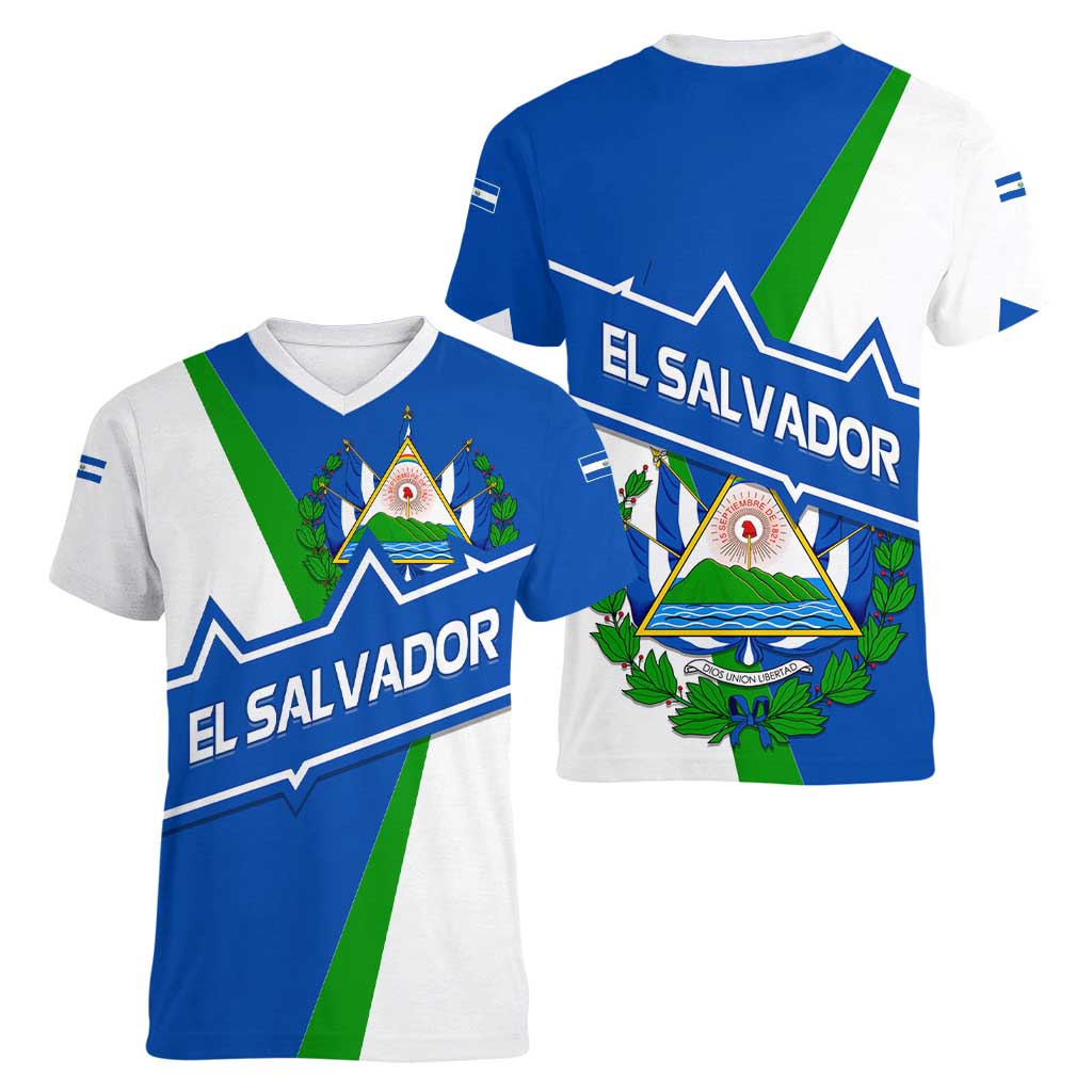 El Salvador Flag Crest Women V-Neck T-Shirt with Blue Green Stripes and Bold Letter Design - Wonder Print Shop