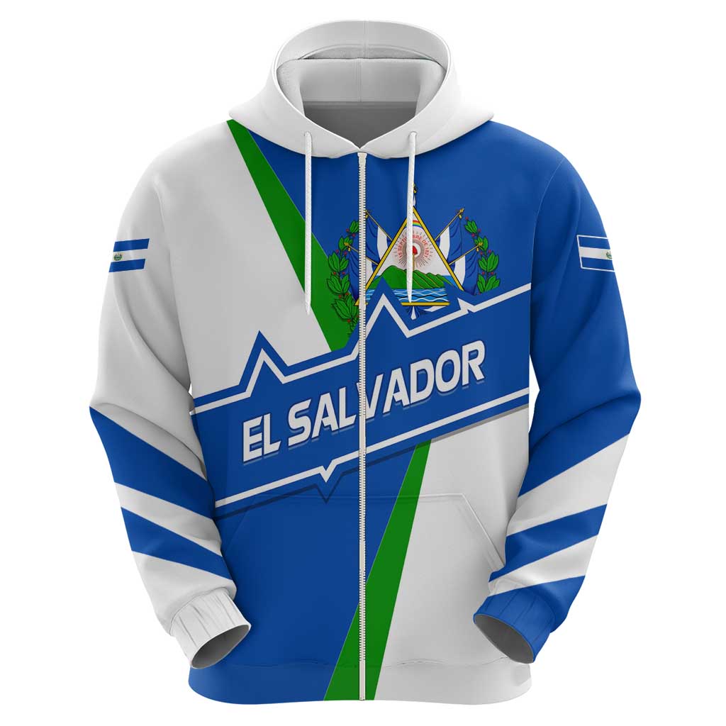 El Salvador Flag Crest Zip Hoodie with Blue Green Stripes and Bold Letter Design - Wonder Print Shop