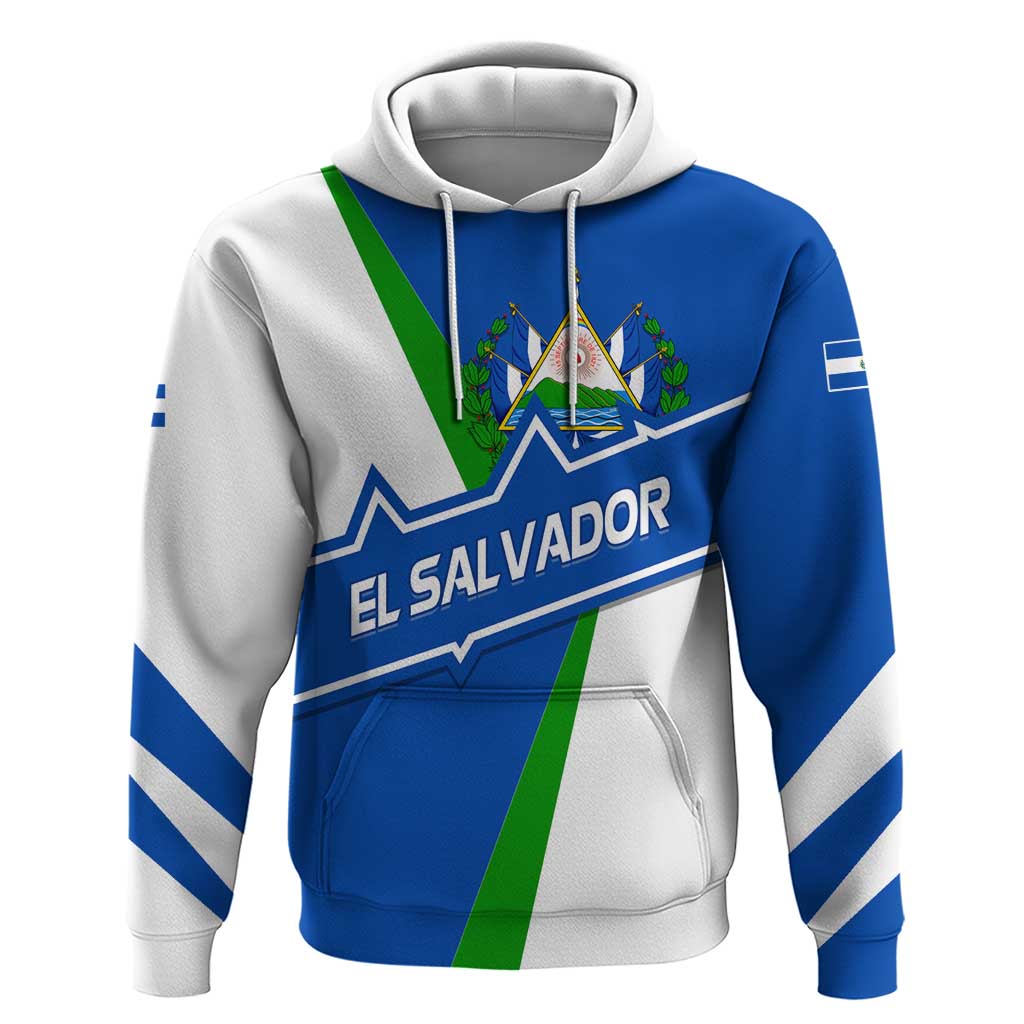El Salvador Flag Crest Zip Hoodie with Blue Green Stripes and Bold Letter Design - Wonder Print Shop