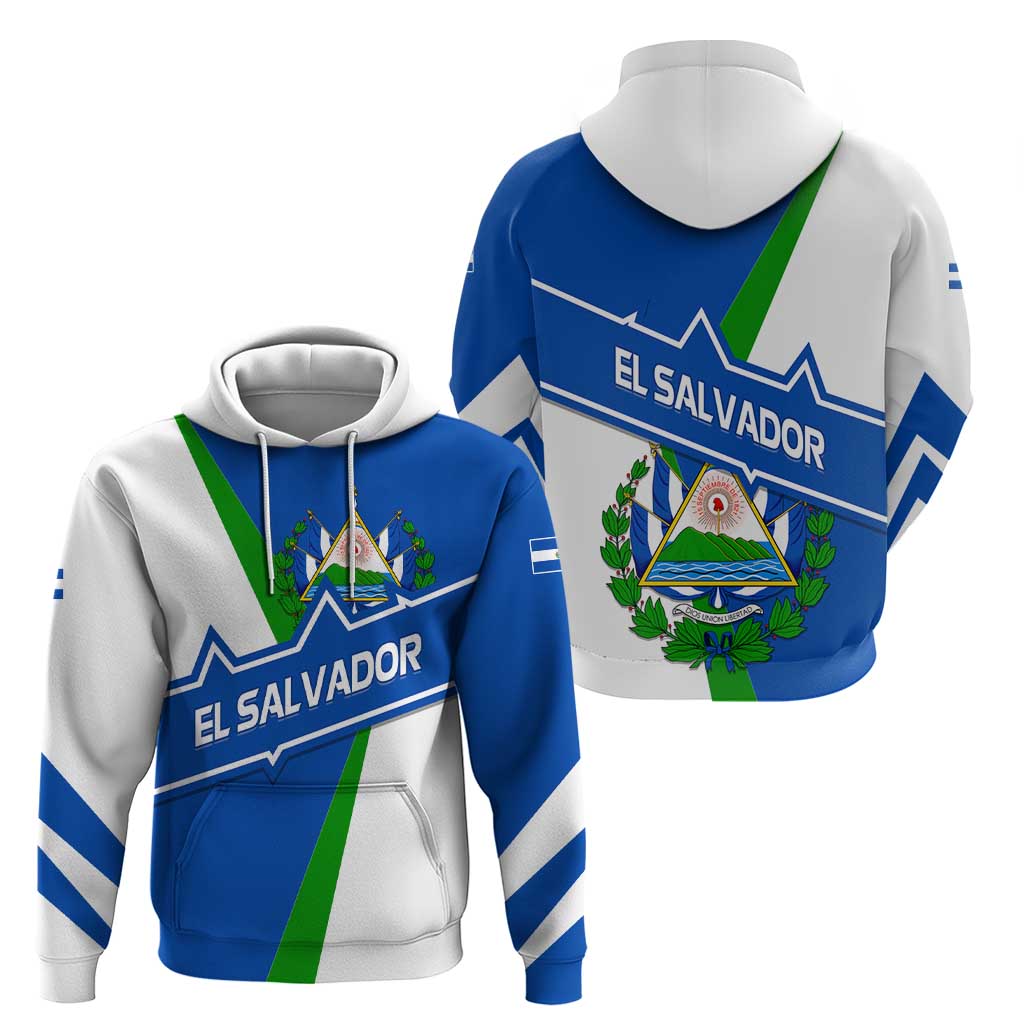 El Salvador Flag Crest Zip Hoodie with Blue Green Stripes and Bold Letter Design - Wonder Print Shop