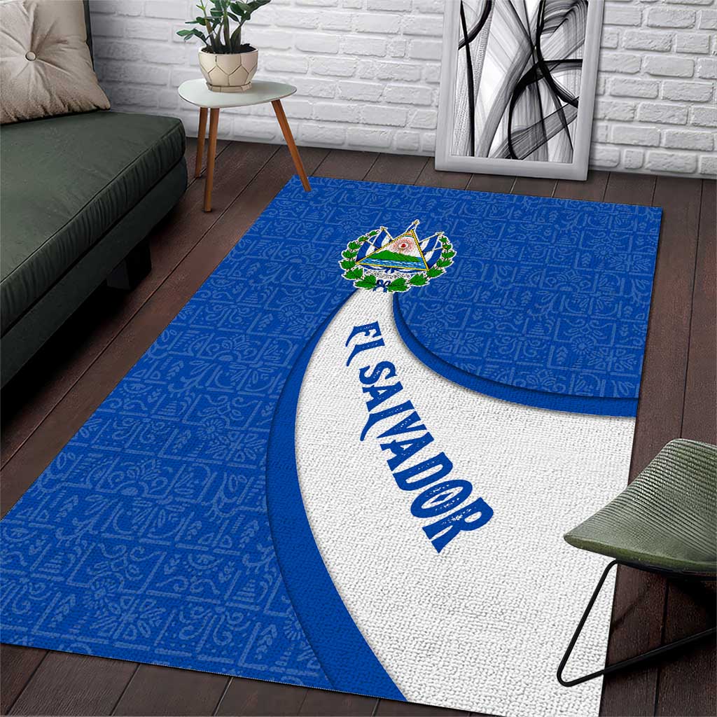 El Salvador Coat of Arms Area Rug with Curved Text and Blue Patterned Background - Wonder Print Shop