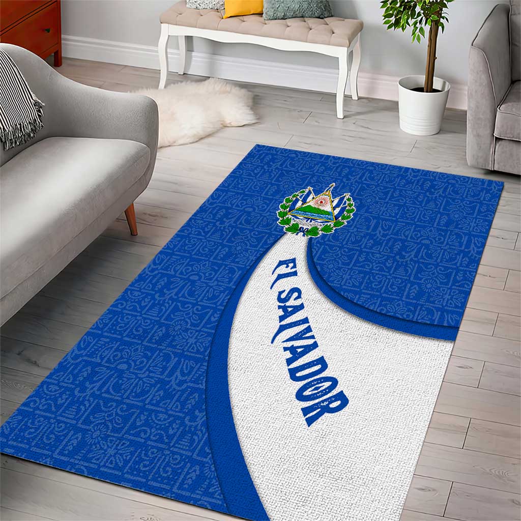 El Salvador Coat of Arms Area Rug with Curved Text and Blue Patterned Background - Wonder Print Shop
