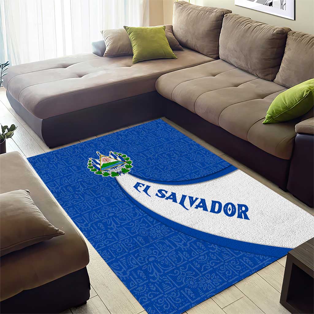 El Salvador Coat of Arms Area Rug with Curved Text and Blue Patterned Background - Wonder Print Shop