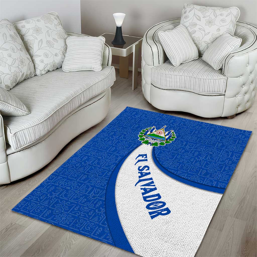 El Salvador Coat of Arms Area Rug with Curved Text and Blue Patterned Background - Wonder Print Shop