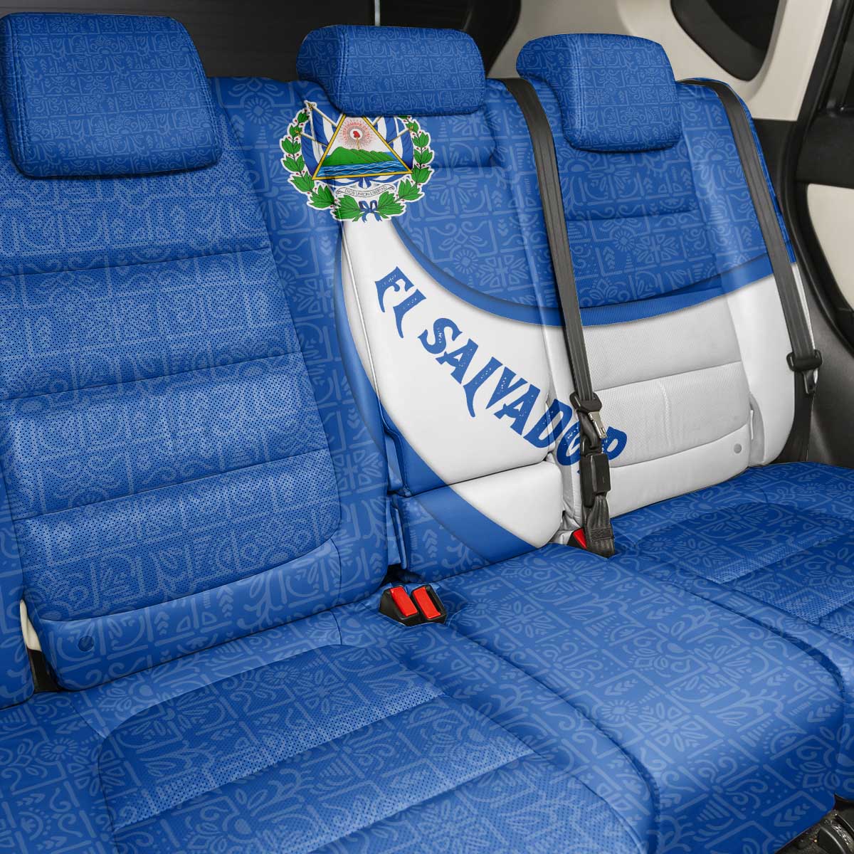 El Salvador Coat of Arms Back Car Seat Cover with Curved Text and Blue Patterned Background - Wonder Print Shop