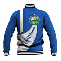 El Salvador Coat of Arms Baseball Jacket with Curved Text and Blue Patterned Background - Wonder Print Shop
