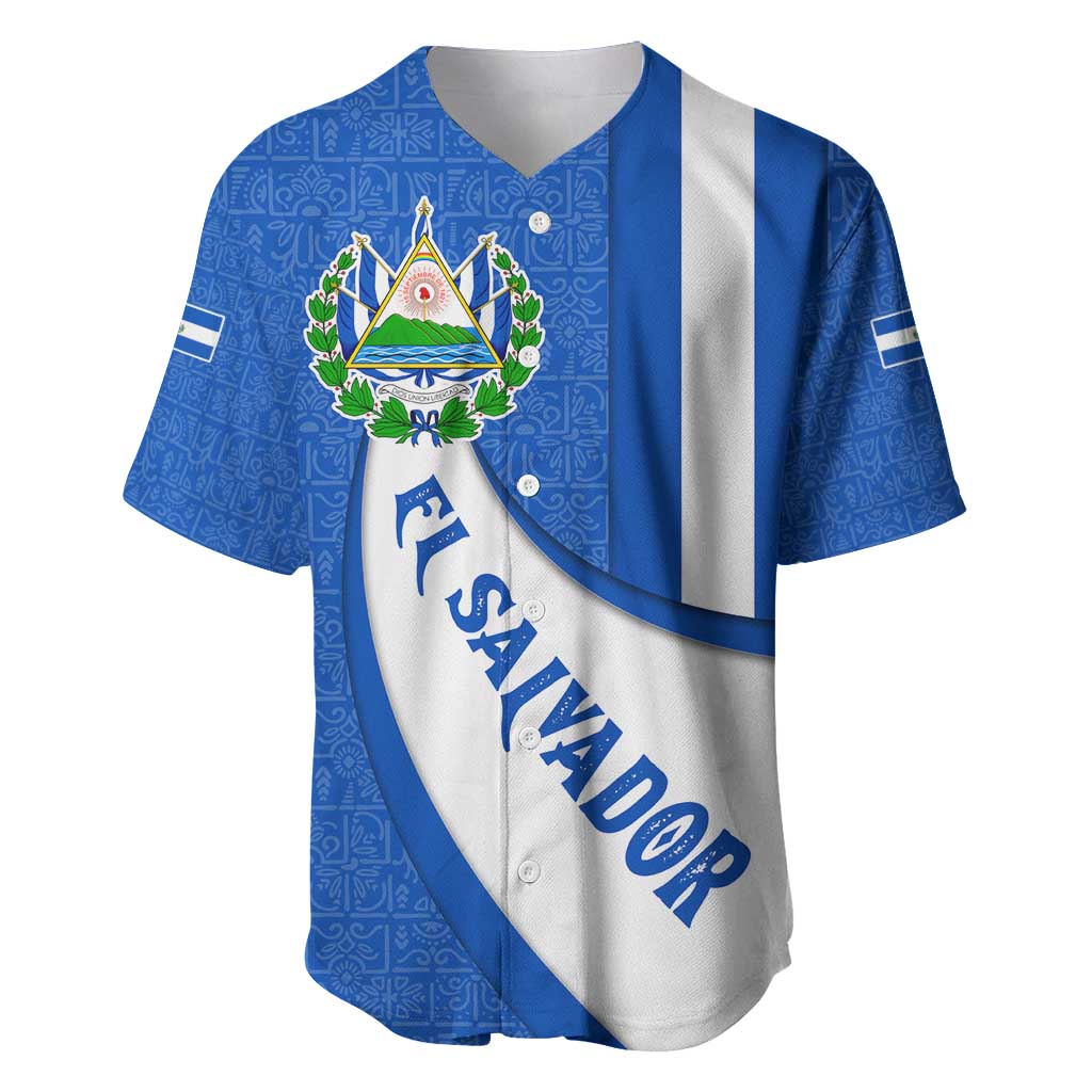 El Salvador Coat of Arms Baseball Jersey with Curved Text and Blue Patterned Background - Wonder Print Shop