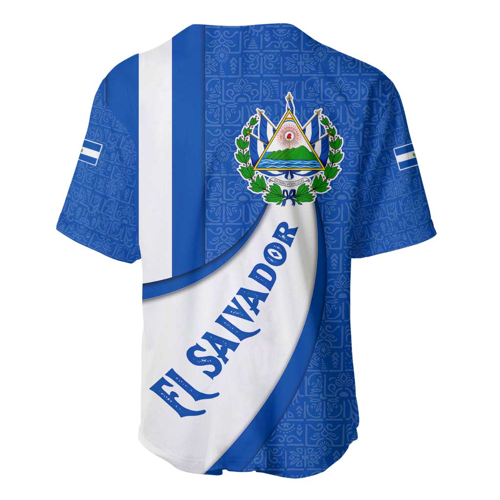 El Salvador Coat of Arms Baseball Jersey with Curved Text and Blue Patterned Background - Wonder Print Shop