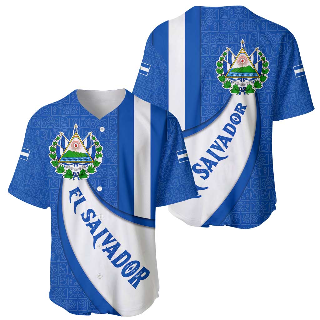El Salvador Coat of Arms Baseball Jersey with Curved Text and Blue Patterned Background - Wonder Print Shop