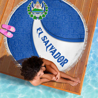 El Salvador Coat of Arms Beach Blanket with Curved Text and Blue Patterned Background - Wonder Print Shop