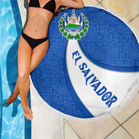 El Salvador Coat of Arms Beach Blanket with Curved Text and Blue Patterned Background - Wonder Print Shop