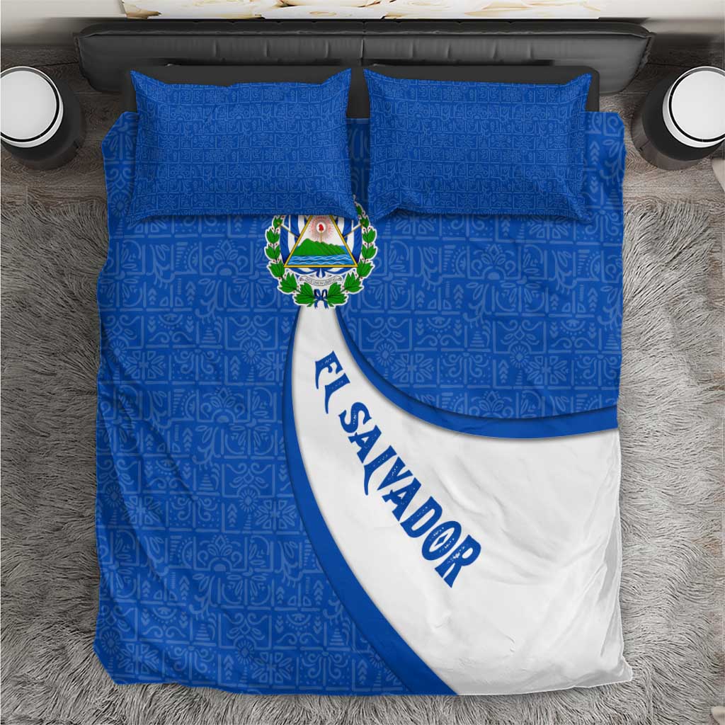 El Salvador Coat of Arms Bedding Set with Curved Text and Blue Patterned Background - Wonder Print Shop