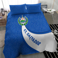El Salvador Coat of Arms Bedding Set with Curved Text and Blue Patterned Background - Wonder Print Shop