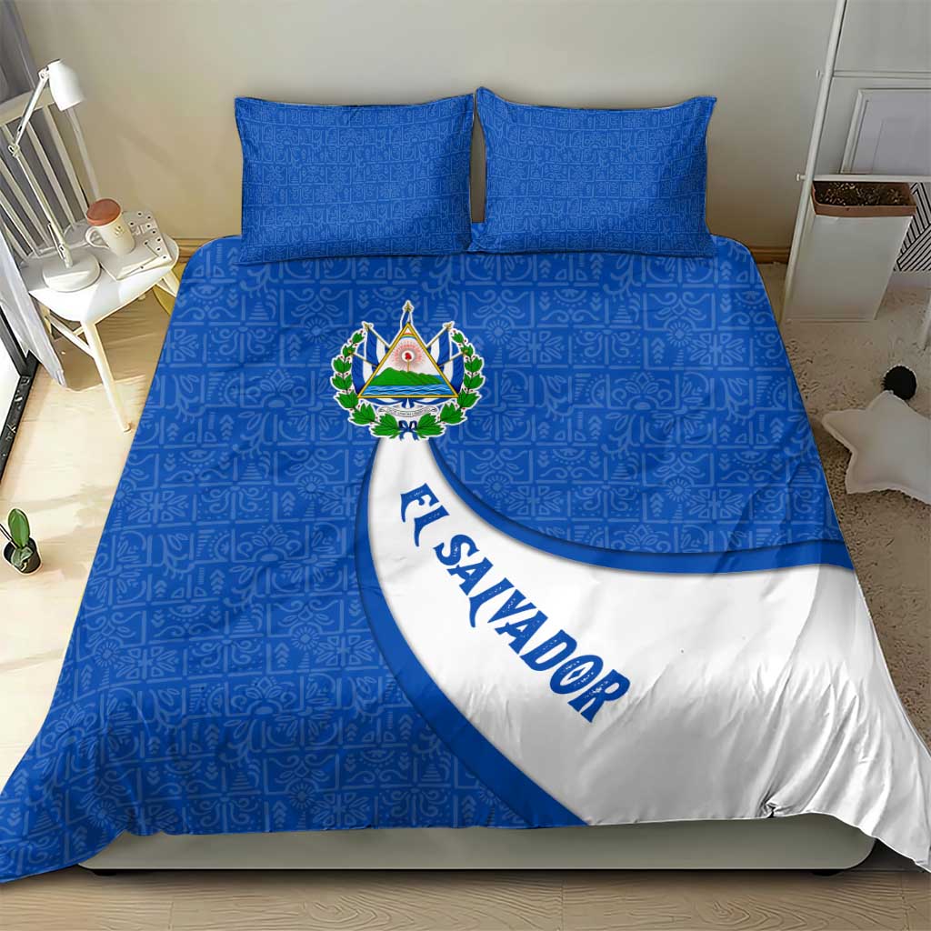 El Salvador Coat of Arms Bedding Set with Curved Text and Blue Patterned Background - Wonder Print Shop